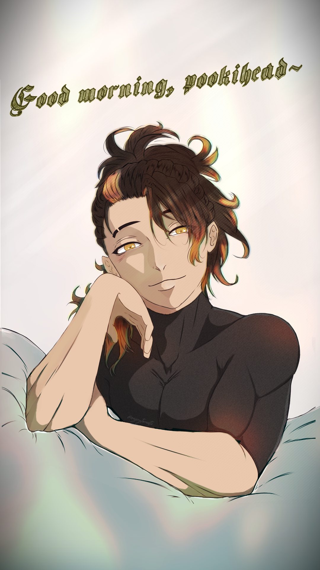 Goldbullet resting his cheek on one hand with his elbows on the edge of a mattress. Soft, dreamy lighting depicts a morning atmosphere. He looks warmly at the viewer while saying 'Good Morning, Pookiehead' in a loving tone.